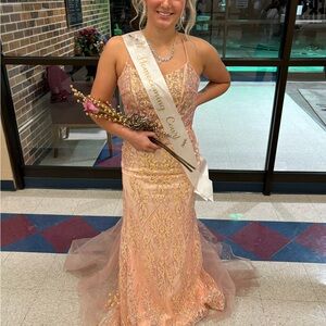 Ellie Wilde Pink and Gold Sequin Gown with One Shoulder Neckline for Prom